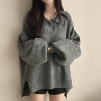 Idle Style Loose Mid-length Pullover Sweater Velvet Polo Collar Sweater