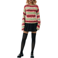 Autumn And Winter Women's Pullover Stripe Round Sweater Loose Plus Size Rainbow Sweater