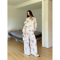Tencel Ramie Botanical Floral Print Sun-protective Shirt With Fluttering Ribbons And Elastic Waistband Beach Pants