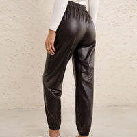 Motorcycle Leather Versatile Elastic Waist PU Leather Leather Pants Women
