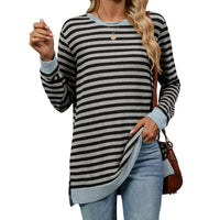 Women's Striped Contrasting Color Crew Neck Long Sleeve Top