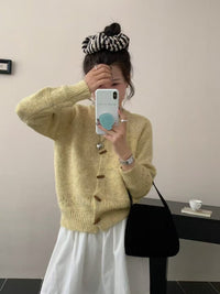 Atmosphere Horn Button Solid Color Soft Glutinous Knitted Cardigan