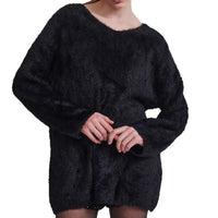 Womens Solid-Colored Long-Sleeve V-Neck Faux Mink Velvet Knit Sweater