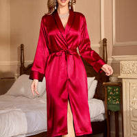 Red Ice-silk Long-sleeve Nightgown Morning Robe With A Luxurious Satin Feelelegant Loungewear For The Home