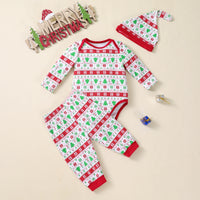 Christmas Tree Print Long-sleeve Bodysuit Pants Hat 3-piece Party Outfit