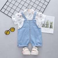 Summer Baby Cartoon Dinosaur Short Sleeve Denim Suspender Pants