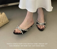 Women's Elegant Low Heel Sandals With Rhinestone & Pearl Bow, Round Toe, Simple Satin, Perfect For Dresses