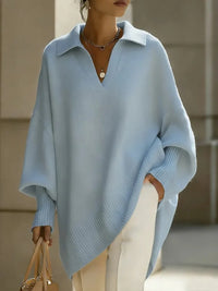 Lapel-collar Loose-fit Solid-color Sweater With Lantern Sleeves