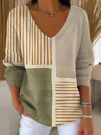 Drop Shoulder V-neck Long Sleeve Pullover 3D Digital Printing Women's Top T-shirt