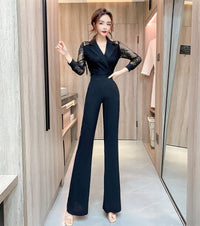 Feminine Suit Collar Jumpsuit High Waist Lace Long Sleeve