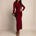 Sexy Crew-Neck Hollow-Out Long-Sleeve Sheath Dress With Side Slit