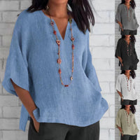 Three-quarter-sleeve Cotton-linenSolid-color Loose-fit Casual Shirt