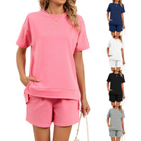 Crew-neck Slit Loose-fitting Top T-shirt With Pockets And Drawstring Shorts