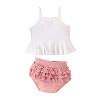 Girls' Fashion Solid Color Suspender Top Triangle Bottom-covering Shorts Two-piece Set