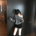 Off-the-shoulder Small Icon Loose Pullover Sweatershirt