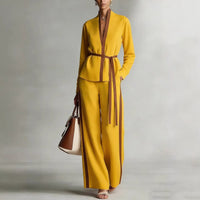 Women's Casual Patchwork Cardigan Shirt And Wide-Leg Pants Set