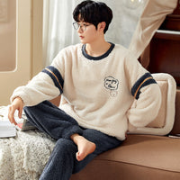 Coral Velvet Pajamas Men's Winter Thicken Thermal Pullover Round Neck Flannel Home Wear