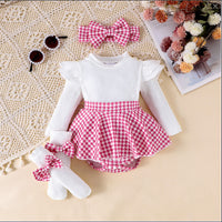 Sunken Stripe Long Sleeve Stitching Houndstooth Skirt One-piece Romper