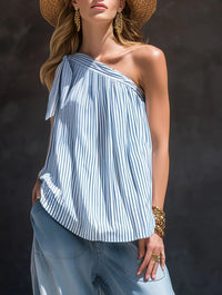 French-style Vacation-ready Striped Off-shoulder Top, Sleeveless Blouse