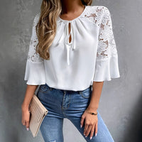 White Three-quarter-sleeve Lace-panelled Tie-front Round-neck Solid-color Garment
