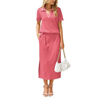 Womens Lapel T-shirt And Slit Skirt 2-piece Set