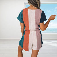Loose V-neck Drawstring Stripe Contrast Short Sleeve Jumpsuit
