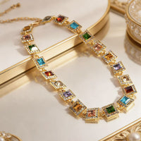 Colorful Diamond Square Geometric Necklace, Light Luxury High-End Sparkling Clavicle Chain, Fashion Retro Elegant Jewelry