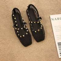 French Style Hollow-out Nude Apricot Temperament Sandals For Women, New 2026 Summer Gentle Rivet Fairy Mary Jane Mesh Sandals