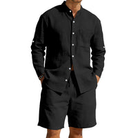 Mens Casual Linen Shirt And Shorts Set Summer Vintage Stand Collar Shirts Men Comfortable Breathable Beach Suits