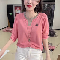 Women's Long-sleeved T-shirt V-neck Bottoming Shirt Hot Rhinestone Casual Top