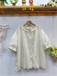 Turn-down Collar Japanese-style Cotton-linen Short-sleeve Shirt