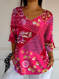 Elegant Retro Womens Casual Floral Print V-Neck Long-Sleeve Top