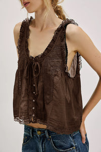 Solid-color Sweet Slim-fit Buttoned Lace-trimmed Patchwork Mini Vest Top