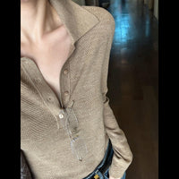 Khaki Polo-neck Fitted Womens Knit Top