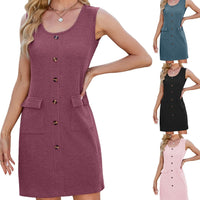 Crew-neck Buttoned-pocket Sleeveless Vest Dress