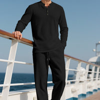 Mens Casual Solid-Color Button-Down Crew-Neck Long-Sleeve Pants Set