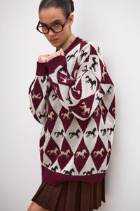 Womens Versatile Color-Block Jacquard Knit Top With Long Sleeves
