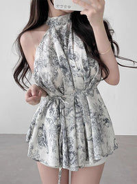 Vintage Stand Collar Ink Printing Lace-up Waist Halter Chiffon Shirt