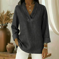 Three-quarter-sleeve Vintage Polo-collar Long-sleeve Shirt