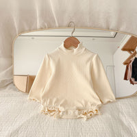 Half High Collar Baby Cotton Long Sleeved Romper With Wooden Ear Edge