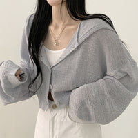 Lazy Style Thin Short Ice Silk Loose Lantern Sleeve Hooded Long-sleeved Cardigan