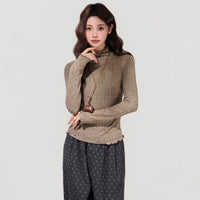 Women's Brown Semi-high Neck Ruffled Waist-cinching Long-sleeved Base Shirt