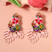 Fashionable Exaggerated Alloy Leaf Earrings With Colorful Rhinestones For Women