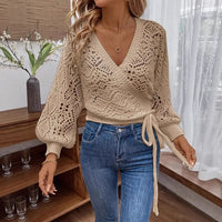 Solid Color And V-neck Lace-up Elegant Lantern Sleeve Long Sleeve