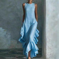 Womens Fashionable And Elegant Sleeveless Crew-Neck Dress With Ruffled Hem