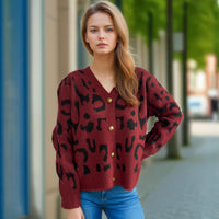 Women's Leopard Print Short Sweater V-neck Casual Knitted Cardigan Top