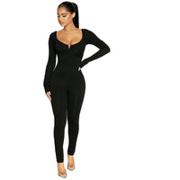 Stretch Big Collar Stretch Solid Color Jumpsuit Long Sleeve Sexy Women