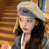 Cute Embroidered Dog Hollow-out Thin Knit Beret