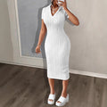 Spring Summer V-Neck Casual Fashion Pleated Short-Sleeve Womens Shirt Dress