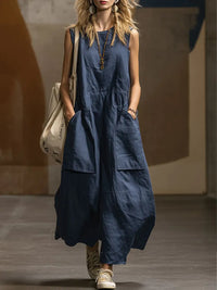 Womens Loose-Fitting Sleeveless Cotton-Linen Dress With Pockets